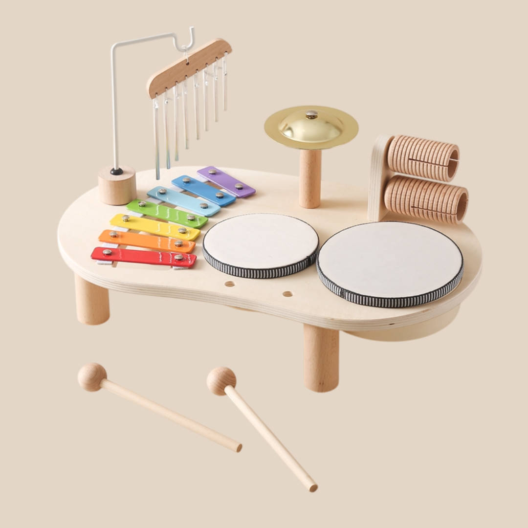 Houten Muziektafel - Educatief Muziekinstrument voor Kinderen, Inclusief Trommels, Xylofoon & Bekkens, +1 Jaar